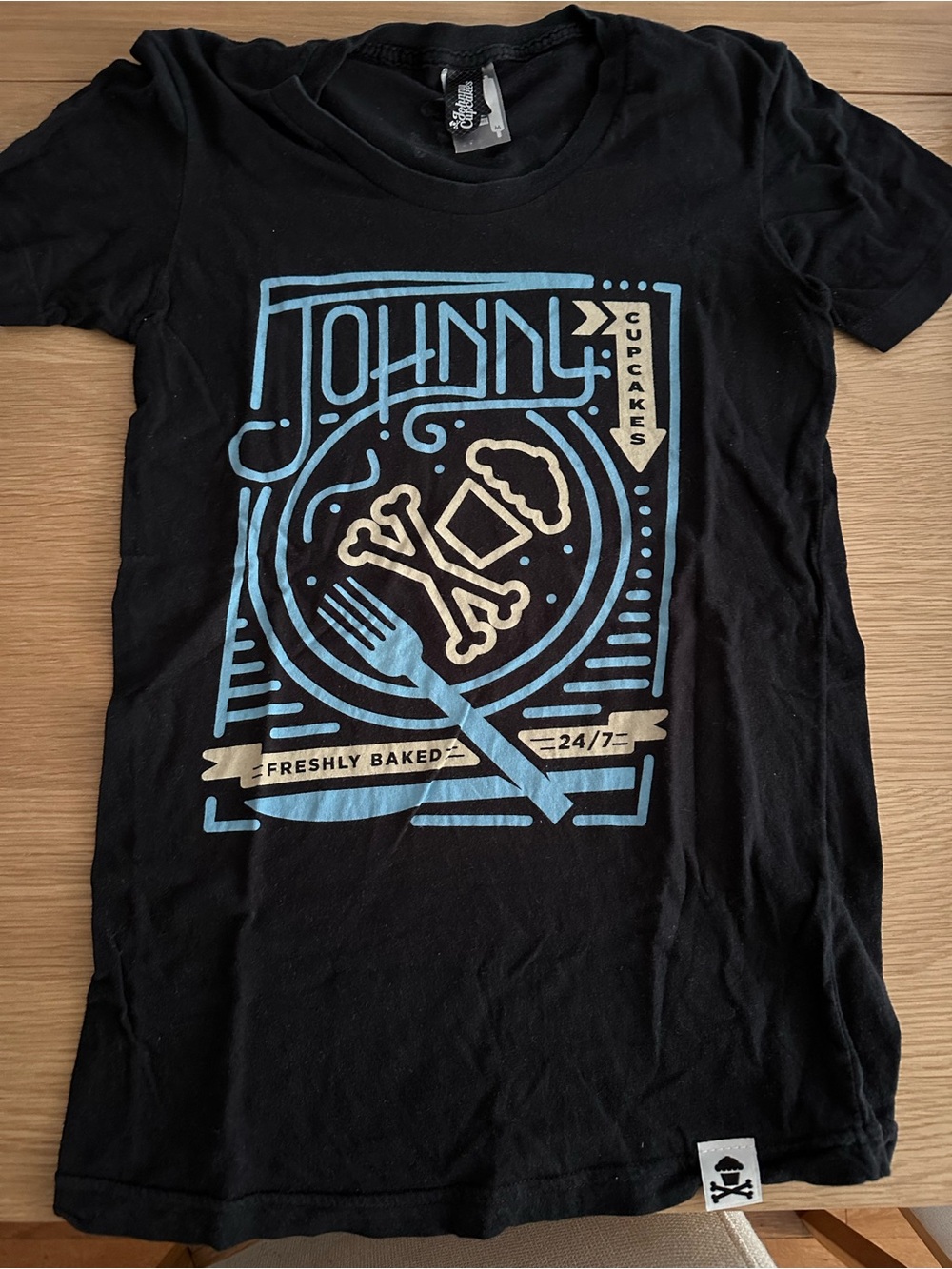 Johnny Cupcakes Women’s Black Graphic Tee - Blue & Cream Print